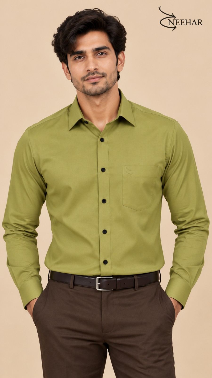 Front View-100kb (3) Neehar | Light Olive Yellow Formal Shirt for Men | Office & Daily Wear - Image 1